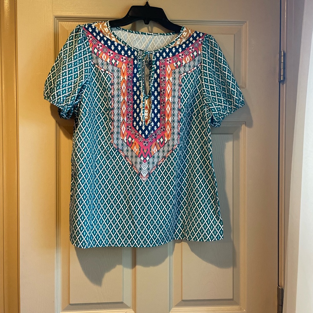 Hapto Geometric Patterned Women's Top -‎ Multicolor - Size Large